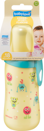 babylove sportflasche, Дорожная Бутылочка для Ребенка с Надежной Крышкой и Креплением Желтая 330ml, 1 шт