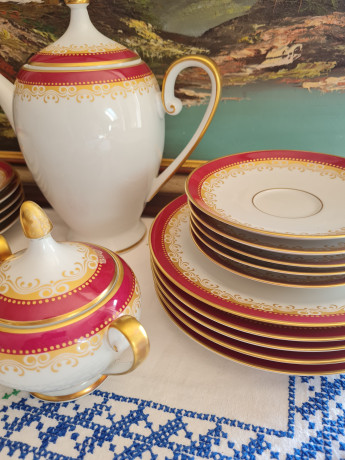 Hutschenreuther Arzberg Bavaria Чайный набор фарфоровый в красных тонах с золотым узором, на 6 персон, Германия, 1960-70гг.