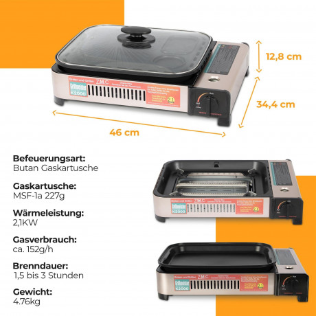 ZMC ZMC Gaskocher 2in1 Gas Kocher Campingkocher + Grillplatte + Grillpfanne Gasgrill, (Gasbrenner Tischgrill inkl. Transportkoffer fur:Indoor/Outdoor Warmeleistung: 2,1KW), + 8x 227g MSF-1a Gaskartuschen Tragbarer Camping Kocher Herd Gaskocher Газовая пл