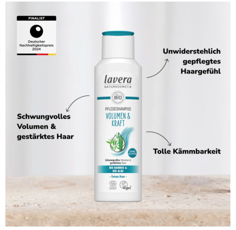 lavera Volumen & Kraft Shampoo, Шампунь для объема и силы с органическим бамбуком и органическими водорослями для большей пышности и упругости тонких волос, 250мл