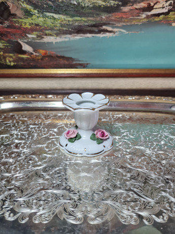 Подсвечник винтажный Dresden с розами и золотой каймой, ручная работа, фарфор, 5,5 x 6,5 см, Германия, 1960-70гг.