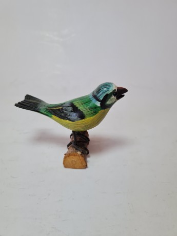 Blaumeise auf Ast Винтажная фигурка ручной росписи "Зеленая птичка на ветке", 8см x 6см, Германия, 1960-70гг.