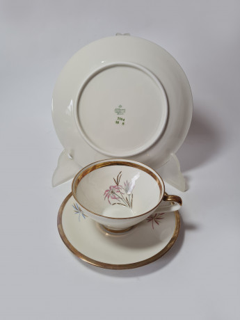 Seltmann Weiden Bavaria Стильное чайное трио "Серо-розовые цветы" с позолоченным ободком, Германия, 1960-70гг.