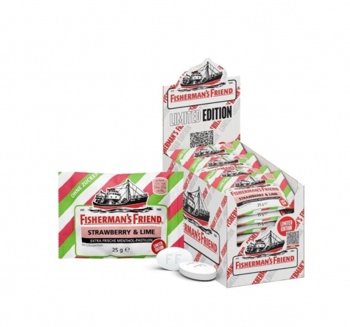 Fisherman's Friend Strawberry Lime 24st x 25g, Клубника и Лайм, без сахара, 24 шт x 25 г, леденцы для горла, освежающие и успокаивающие