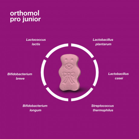 Orthomol Pro junior Kombination ausgewahlter darmsymbionten und Vitamin C, 30 Kautabletten, Высокоэффективный пробиотик с бифидобактериями, лактобактериями и витамином С, жевательные таблетки со вкусом клубники, для детей с 4ех лет, 30шт (курс на 30 дней)