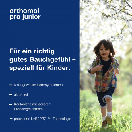 Orthomol Pro junior Kombination ausgewahlter darmsymbionten und Vitamin C, 30 Kautabletten, Высокоэффективный пробиотик с бифидобактериями, лактобактериями и витамином С, жевательные таблетки со вкусом клубники, для детей с 4ех лет, 30шт (курс на 30 дней)