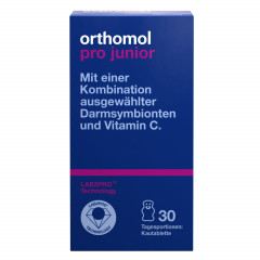 Orthomol Pro junior Kombination ausgewahlter darmsymbionten und Vitamin C, 30 Kautabletten, Высокоэффективный пробиотик с бифидобактериями, лактобактериями и витамином С, жевательные таблетки со вкусом клубники, для детей с 4ех лет, 30шт (курс на 30 дней)