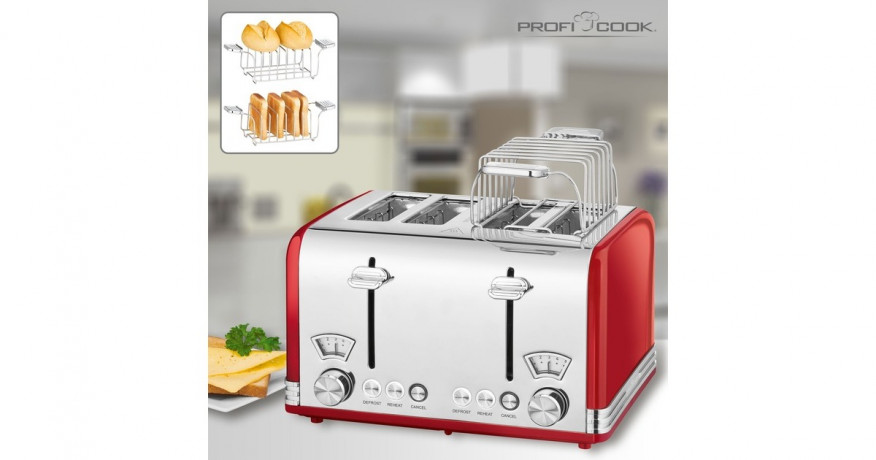 ProfiCook ProfiCook Toaster Vintage PC-TA 1194 rot/chrom, 1.630 Watt, fur 4 Scheiben Toast  rot/chrom Тостер ProfiCook Vintage PC-TA 1194 красный/хром, 1630 Вт, на 4 ломтика тостов