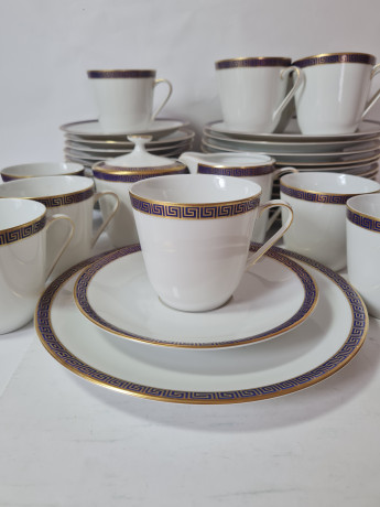 Чайный сервиз винтажный PMR Jager & Co Bavaria, белый фарфор с золотисто-голубым узором, Германия, 1960-70гг.