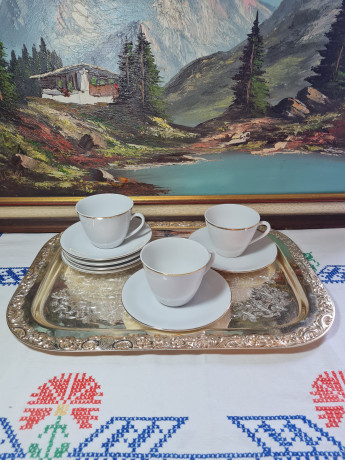 Набор чайный винтажный Seltmann Weiden K. Bavaria, белый фарфор с золотым кантом, чашка 3 шт., блюдце - 6 шт., Германия, 1960-1970гг.