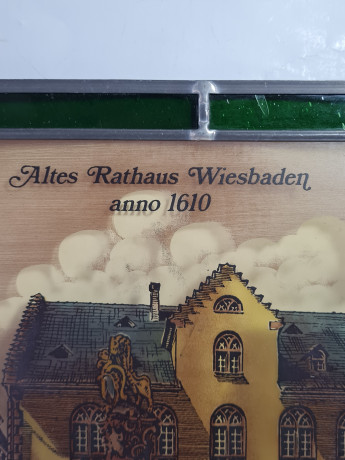 Картина винтажная Helga Hanzmann "Старая ратуша Висбадена 1610г. Винный погреб", витражная рама, на стекле, 29 x 22 см, Германия, 1984г.