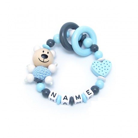 kleinerStorch Greifling mit Name – Jungen Beissring personalisiert – Holz Rassel Bar  Herz blau Персонализированное кольцо для прорезывания зубов с именем