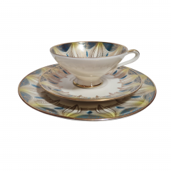 Чайное трио винтажное Elfenbein Bavaria желто-синее с золотистым декором, фарфор, Германия, 1970-80гг.