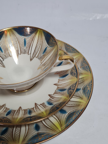 Чайное трио винтажное Elfenbein Bavaria желто-синее с золотистым декором, фарфор, Германия, 1970-80гг.
