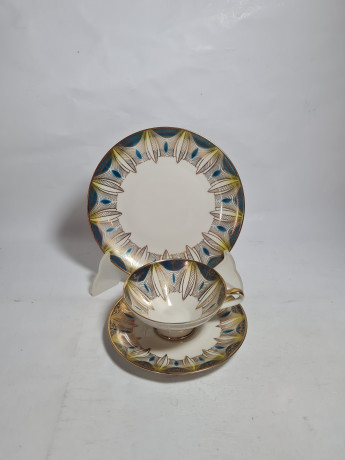 Чайное трио винтажное Elfenbein Bavaria желто-синее с золотистым декором, фарфор, Германия, 1970-80гг.