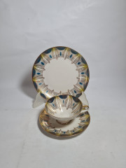 Чайное трио винтажное Elfenbein Bavaria желто-синее с золотистым декором, фарфор, Германия, 1970-80гг.