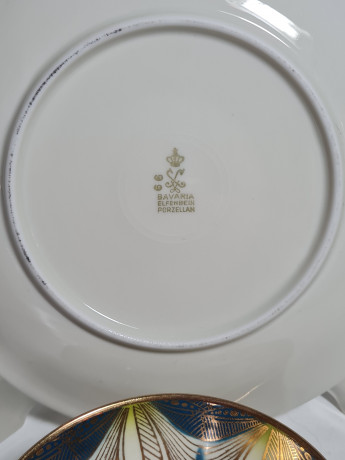 Чайное трио винтажное Elfenbein Bavaria желто-синее с золотистым декором, фарфор, Германия, 1970-80гг.