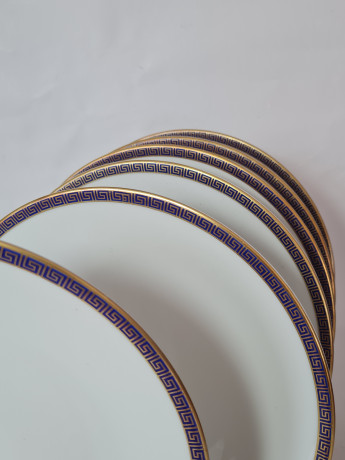 Набор тарелок винтажных PMR Jager & Co Bavaria, белый фарфор с золотисто-голубым узором, 6 шт х 24 x 2,5см, Германия, 1960-70гг.