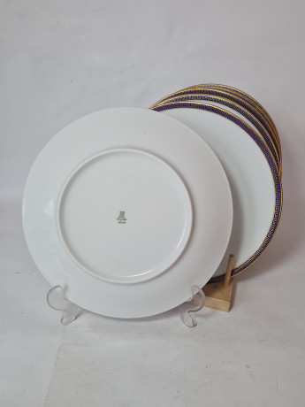 Набор тарелок винтажных PMR Jager & Co Bavaria, белый фарфор с золотисто-голубым узором, 6 шт х 24 x 2,5см, Германия, 1960-70гг.