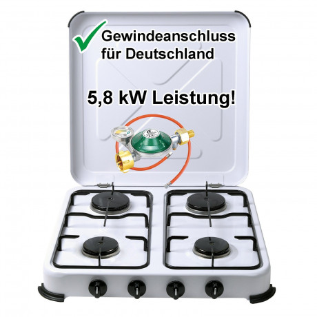 BlueCraft BlueCraft Gaskocher, (inkl. Manometer Regler 50 mbar und Gasschlauch 100 cm), Campingkocher 4-flammig, Gasherd Kochfeld 50 mbar  Газоая плита BlueCraft (включая манометр-регулятор 50 мбар и газовый шланг 100 см), походная плита с 4 конфорками, г