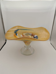 Фруктовница на ножке в бежево-синих тонах Joska Glas винтажная, стекло, 26 см, Германия, 1960-80гг.