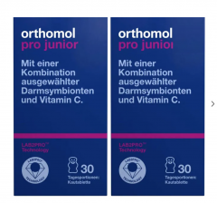 Orthomol Pro junior Kombination darmsymbionten und Vitamin C, 30st х 2packs, Высокоэффективный пробиотик с бифидобактериями, лактобактериями и витамином С, жевательные таблетки со вкусом клубники, для детей с 4ех лет, 30шт x 2 упаковки (курс на 60 дней)