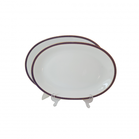 Набор тарелок винтажных PMR Jager & Co Bavaria, белый фарфор с золотисто-голубым узором, 36 x 26 x 3 см и 33,5 x 23,5 x 3 см, Германия, 1960-70гг.