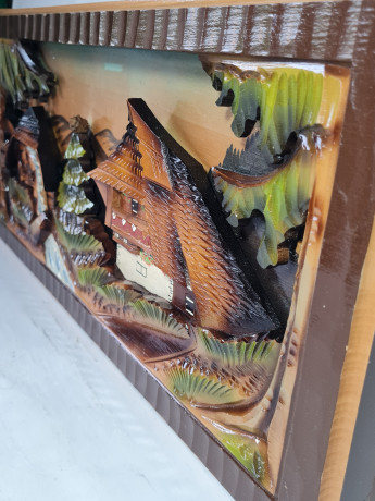 Картина винтажная объемная Ruks "Дом с водяным колесом", ручная работа, дерево, элемент музыкальной шкатулки, 55 x 25 см, Германия, 1960-1970гг.