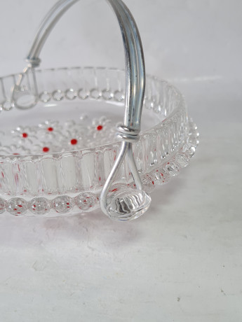 Конфетница винтажная Walther Glas, с красным декором, стекло, 18 x 6,5 см, Германия, 1960-70гг.