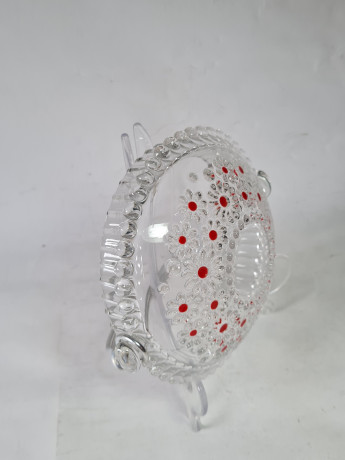 Конфетница винтажная Walther Glas, с красным декором, стекло, 18 x 6,5 см, Германия, 1960-70гг.