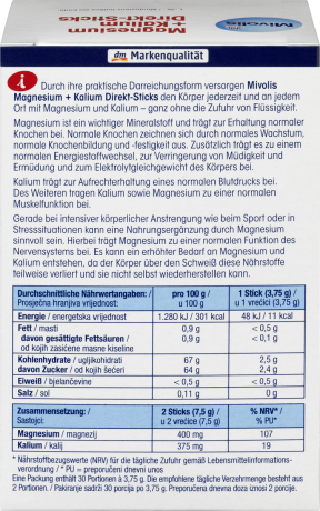 Mivolis Magnesium + Kalium Direkt-Sticks Магний + Калий в стиках для снижения утомляемости и нормальной функции мышц, 30 шт