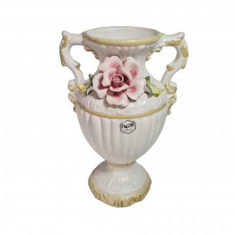 Ваза винтажная FKON с объемной розой, с двумя ручками, керамика, 21 см, Италия, 1960-70гг.