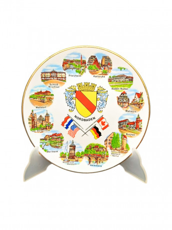 Тарелка декоративная винтажная Wundsiedel Bavaria "Города Земли Баден-Вюртемберг", сувенирная, фарфор, 19 см, Германия, 1970-80гг.