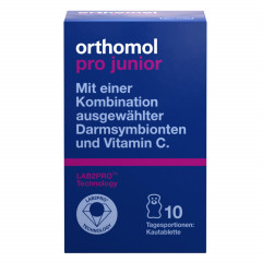 Orthomol Pro junior Kombination ausgewahlter darmsymbionten und Vitamin C, 10 Kautabletten, Высокоэффективный пробиотик с бифидобактериями, лактобактериями и витамином С, жевательные таблетки со вкусом клубники, для детей с 4ех лет, 10шт
