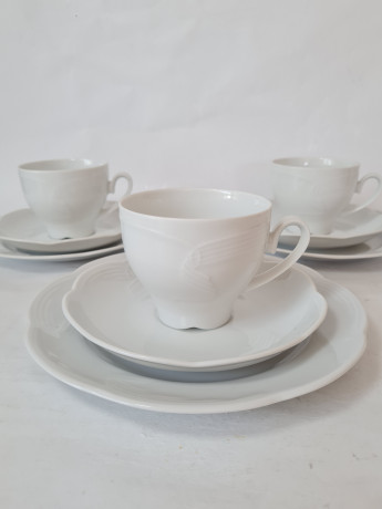 Набор посуды для кофе винтажный на 3 персоны Schumann, белый фарфор с фактурным узором, Германия, 1960-70гг.