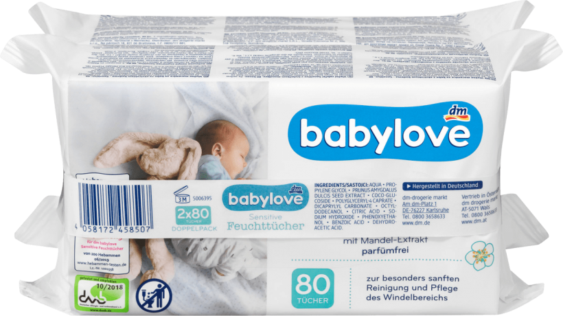 babylove Sensitive Feuchttuecher Влажные салфетки для чувствительной кожи, без ароматизаторов и спирта, с экстрактом миндаля, 2*80шт