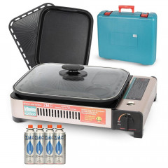 ZMC ZMC Gaskocher 2in1 Gas Kocher Campingkocher + Grillplatte + Grillpfanne Gasgrill, (Gasbrenner Tischgrill inkl. Transportkoffer fur:Indoor/Outdoor Warmeleistung: 2,1KW), + 4x 227g MSF-1a Gaskartuschen Tragbarer Camping Kocher Herd Gaskocher  Газовая пл