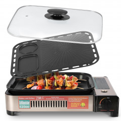 ZMC ZMC Gaskocher 2in1 Gas Kocher Campingkocher + Grillplatte + Grillpfanne Gasgrill, (Gasbrenner Tischgrill inkl. Transportkoffer fur:Indoor/Outdoor Warmeleistung: 2,1KW), + 4x 227g MSF-1a Gaskartuschen Tragbarer Camping Kocher Herd Gaskocher  Газовая пл