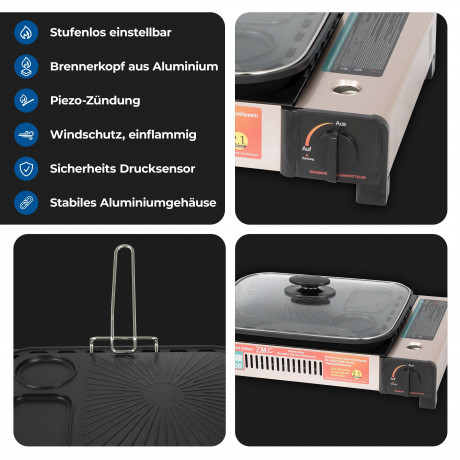 ZMC ZMC Gaskocher 2in1 Gas Kocher Campingkocher + Grillplatte + Grillpfanne Gasgrill, (Gasbrenner Tischgrill inkl. Transportkoffer fur:Indoor/Outdoor Warmeleistung: 2,1KW), + 4x 227g MSF-1a Gaskartuschen Tragbarer Camping Kocher Herd Gaskocher  Газовая пл