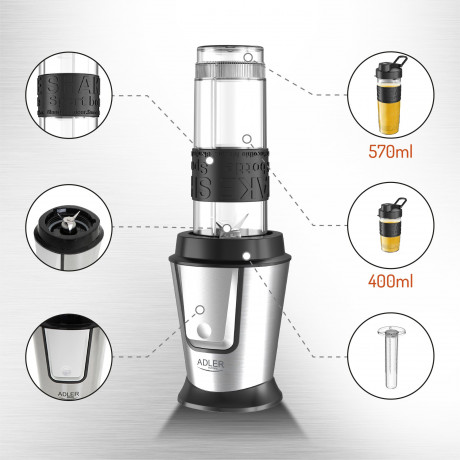 JUNG JUNG Smoothie-Maker ADLER AD4081 Smoothie Maker Standmixer elektrisch Smoothie Maker to go, 500,00 W, inkl 2x Trinkflaschen 570ml+ 400ml BPA-frei Milchshaker, Eiweissshaker  Производитель смузи JUNG ADLER AD4081, стационарный миксер, электрический см