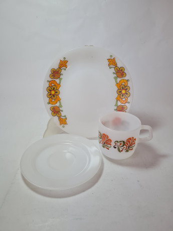 Чайное трио винтажное Schott Mainz, стекло с цветочным рисунком в оранжевых тонах, 10 x 7 см/ 14 см/ 19 см, Германия, 1960-70гг.