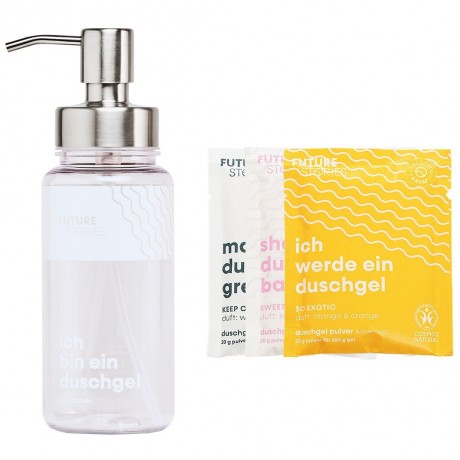 FUTURE STORIES Vorteilskit 3er Set Duschgel Pulver mit allen Sorten inkl. Pumpspender  Комплект Advantage, набор из 3 порошковых гелей для душа всех типов, включая дозатор с помпой