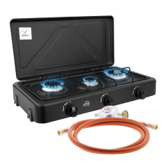 T24 T24 Gaskocher 3 flammig Camping Gaskocher inkl. Gasschlauch und Druckminderer  Газовая плита T24 3 — газовая плита для кемпинга с пламенем, включая газовый шланг и редуктор давления