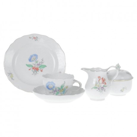 Meissen Meissen  'Neuer Ausschnitt - Blume 3 mitte bunt mit Goldrand' Kaffeeservice 6 Personen 20-tlg. Meissen "New Cut - flower 3 центр разноцветный с золотой каймой" Кофейный сервиз на 6 персон 20 предм.