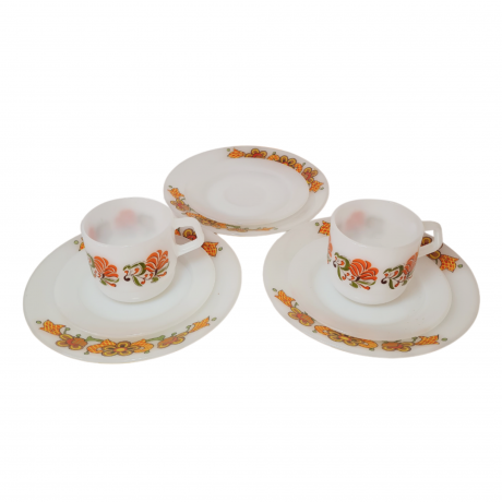 Набор для чая винтажный Schott Mainz, стекло с цветочным рисунком в оранжевых тонах, 2 чашки, 10 x 7 см, 3 блюдца, 14 см, 3 тарелки,19 см, Германия, 1960-70гг.