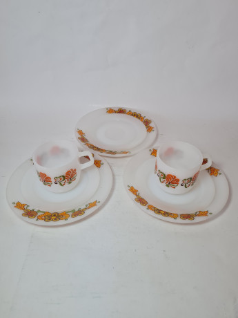 Набор для чая винтажный Schott Mainz, стекло с цветочным рисунком в оранжевых тонах, 2 чашки, 10 x 7 см, 3 блюдца, 14 см, 3 тарелки,19 см, Германия, 1960-70гг.