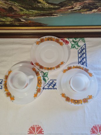 Набор для чая винтажный Schott Mainz, стекло с цветочным рисунком в оранжевых тонах, 2 чашки, 10 x 7 см, 3 блюдца, 14 см, 3 тарелки,19 см, Германия, 1960-70гг.