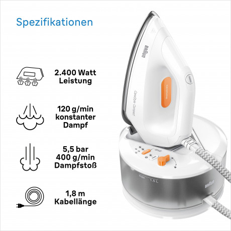 Braun Braun Dampfbugelstation CareStyle Compact IS2132WH, 1500 ml Wassertank, weiss, max. Dampfmenge 400g/min, Ruckwartsbugeln uber Knopfe  Паровая гладильная станция Braun CareStyle Compact IS2132WH, резервуар для воды 1500 мл, белый, максимальное количе