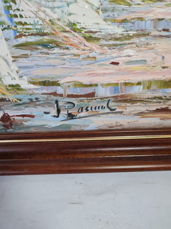 Картина винтажная J.Pascal, изображение домов в светлых тонах, деревянная рама, 54,5 x 46 см, Германия, 1960-1970гг.