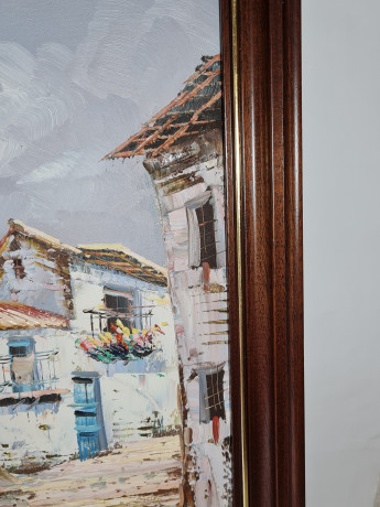 Картина винтажная J.Pascal, изображение домов в светлых тонах, деревянная рама, 54,5 x 46 см, Германия, 1960-1970гг.